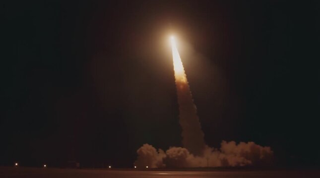 Late launch of space ship with sparkles visible after fuel combustion