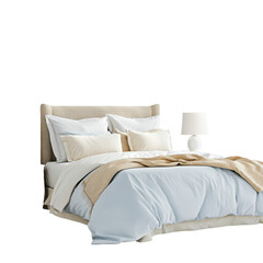 A simple bed with a white comforter and pillows, emphasizing a minimalist and tranquil bedroom aesthetic, isolated on transparent background