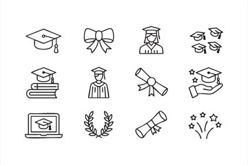 Graduation ceremony and diploma illustrations in modern outline style