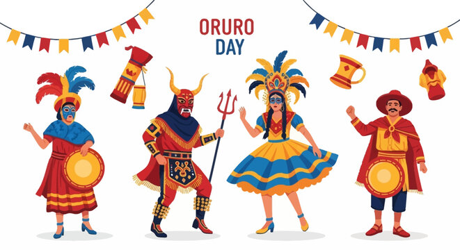 Oruro Day Celebration with Traditional Bolivian Costumes and Festive Banners