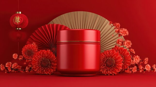 mockup of red moisturizer jar on red background with red fan and flowers chinese new year concept product design brand display template 2026