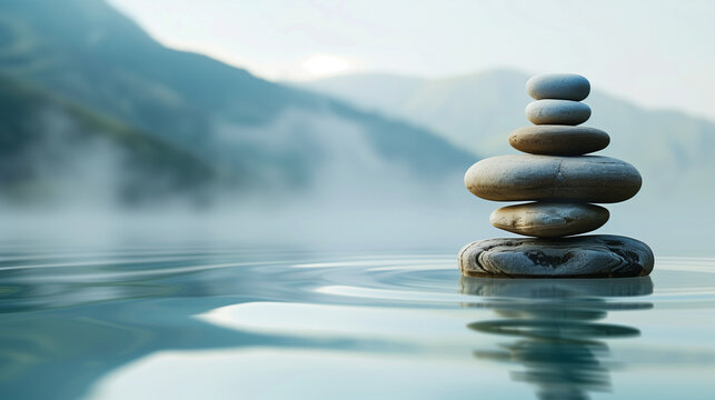 Balanced zen stones stacked on calm water surface with misty mountains background