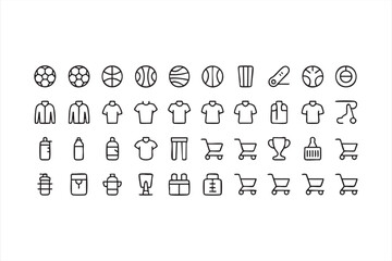 Clean vector sports icons featuring apparel, accessories, and fitness tools