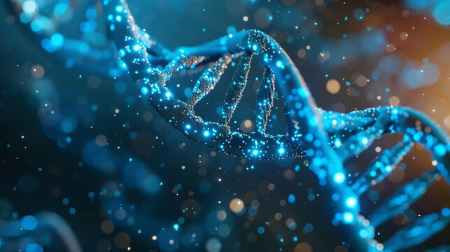 Futuristic double helix DNA strand glowing blue in medical laboratory. Genetic research and science concept.