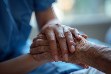 Close-up of nurse holding hands of elderly patient showing care and compassion in hospital with sunlight.
