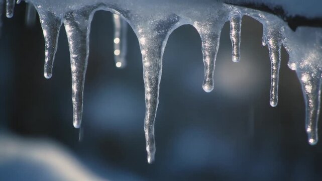 Icicles Dripping in the Cold Close up of frozen icicles slowly dripping water
