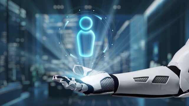 A robotic hand showcases a holographic user interface featuring digital icons and symbols, highlighting advancements in technology and the future of human-computer interaction. Auvana