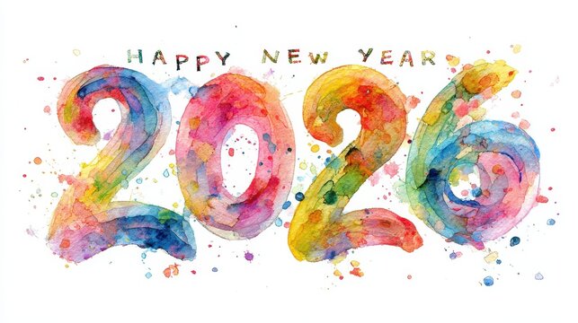 elegant watercolor typography happy new year 2026 design with colorful artistic numbers and festive lettering on white background 2026