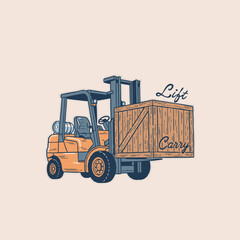 Retro Forklift Truck Design.Vintage Loader Sticker.Industrial Lift Machinery Badge.Cargo Warehouse Equipment Art.Heavy Duty Transportation Vector