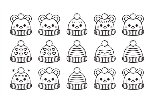 Black and white cozy winter beanie icons for holiday printables and patterns