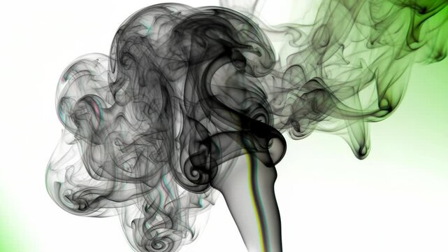 Wispy trails of black smoke rise and swirl against a white and green gradient background, creating an abstract pattern