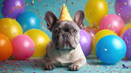 celebrating a special day with a cute french bulldog wearing a party hat surrounded by colorful decorations on a festive backdrop 2026