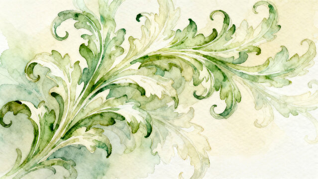 Acanthus Leaf Architectural Watercolor Motif ,Soft Green and Gold Botanical Scrollwork Illustration ,Vintage Acanthus Foliage Pattern with Watercolor Wash