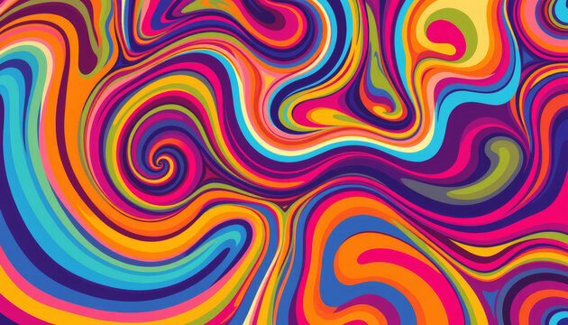 Psychedelic swirl colorful waves retro pattern abstract art groovy design vivid curve fluid motion neon hue trippy vibe bold line