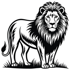 Obraz premium Majestic Lion Line Art Illustration – Black and White Wild Animal Vector,