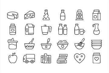 Dairy products and kitchen ingredient line icons for culinary design