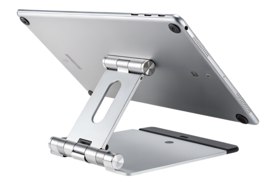 Silver tablet on a metal stand angled against a for display