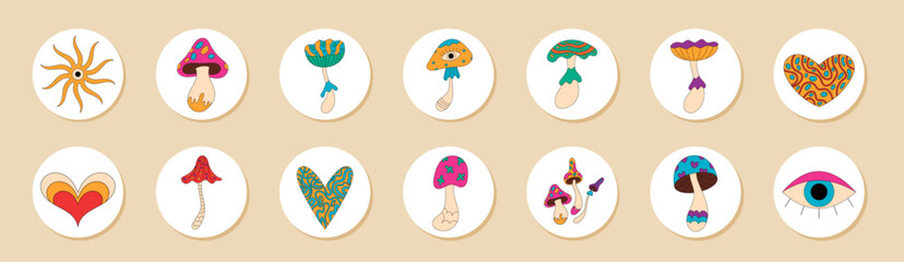 Groovy psychedelic mushroom sticker set with heart, eye, and magic patch in colorful retro y2k style. Circle format perfect for lid and package, trippy accent in vibrant palette for unique package