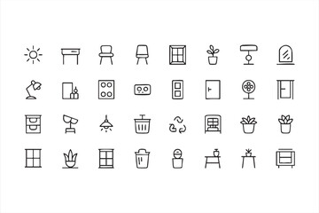 Interior decor and home furnishing icons in minimal line art style