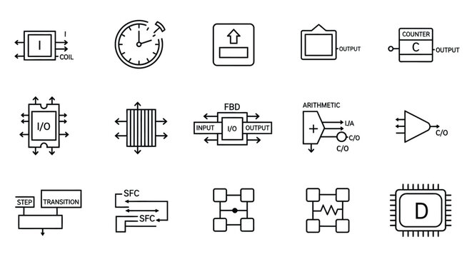 Plc ladder logic diagram symbols and functions vector illustration