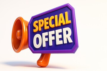Cartoon megaphone projecting "SPECIAL OFFER" on a purple sign, orange speaker