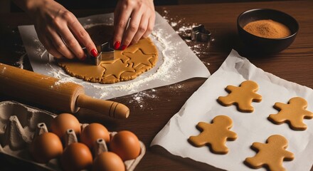 Woman's hands cutting gingerbread dough with star cookie cutters during holiday baking preparation.