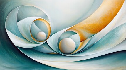 An abstract artwork featuring flowing, layered shapes in teal, white, and gold, with spherical elements nestled within. The lighting is soft and diffused, creat