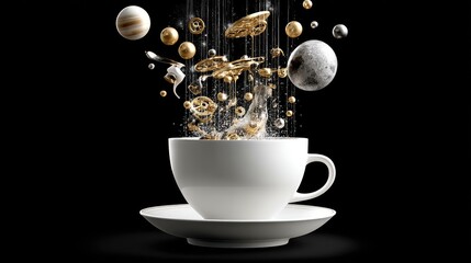 A white coffee cup and saucer on a black background, with various celestial bodies, gears, and metallic spheres falling into the cup, creating a splash.