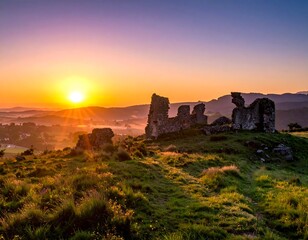 Obraz premium Ruined castle silhouetted by the brilliant glow of a sunset