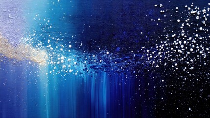 An abstract painting featuring a textured surface with a gradient of blues, from light to deep navy. White and gold splatters and streaks create a dynamic, ener