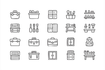 Outline tool cabinet and workbench symbols for construction graphics