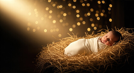 The baby Jesus in the manger, illuminated by warm heavenly light against a backdrop of golden bokeh lights. A symbol of Christmas night, hope, and the Christian faith.for religious cards