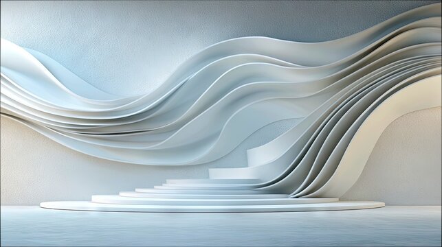 An abstract, modern architectural design featuring flowing white wavy forms and a circular stepped platform, illuminated by soft, diffused light.