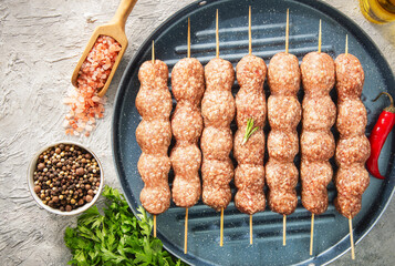 Arabic cuisine; Raw kofta kebab is one of the most popular dishes in Egypt that combines minced meat onions and various spices. It's ready for grilling.