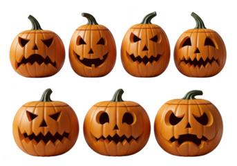 Collection of carved halloween pumpkins with various spooky faces