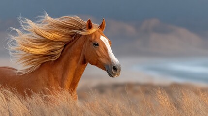Obraz premium Golden horse running with flowing mane in a field, mountains in background