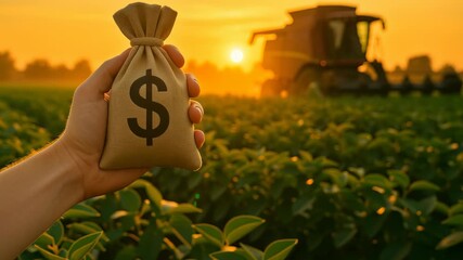 Money Bag Symbolizing Finance Against Sunset Over Field, Showcasing Innovation in Agriculture and Climate Friendly Practice