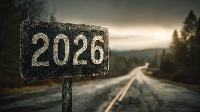 a weathered road sign stands prominently in the foreground displaying 2026 in bold metallic numbers against a dark background happy new year happy new year 2026 merry christmas and happy new year 202 - Powered by Adobe