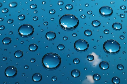 Close-up of clear water droplets scattered across a reflective, blue surface - Powered by Adobe
