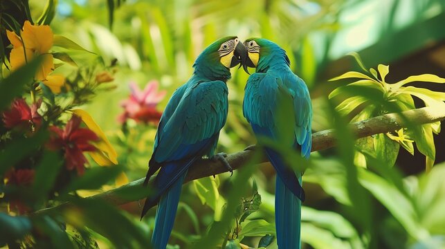 Playful pair of parrots interacting on a branch their feathers a mix of electric blues and greens surrounded by vibrant jungle flowers creating a lively and romantic tropical setting