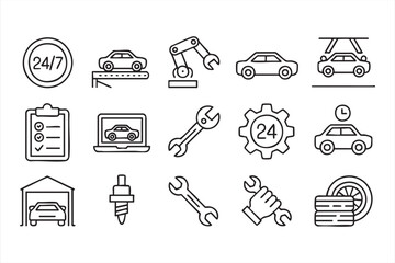 Automotive repair and maintenance vector line icons for service centers and mechanic shops