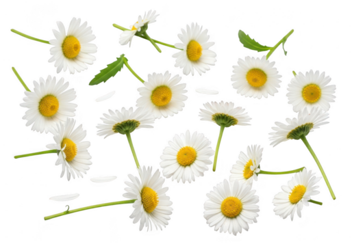 Scattered white daisies with yellow centers on a black background