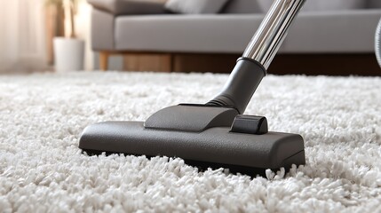 Vacuum cleaner cleaning a white carpet in a living room, close up view