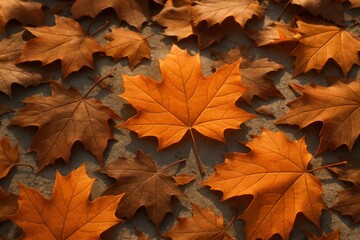 Close-up view of vibrant autumn leaves scattered across a light-colored surface