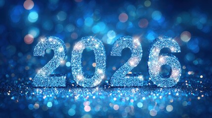 sparkling blue 2026 numbers illuminated by festive bokeh lights announce a joyful new year celebration 2026