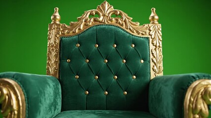 Opulent Emerald Green Velvet Throne with Intricate Gold Gilded Accents Front View Isolated on Gradient Green Background - Powered by Adobe