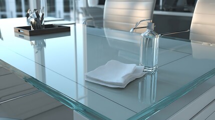 Closeup of a clean glass table with hand sanitizer and folded white towel