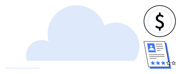 Cloud graphic with a user rating document and money icon, symbolizing online services, cost analysis, user evaluation, and data management. Ideal for finance, recruitment, reviews, data storage