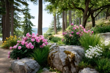 Garden landscape with pink roses and large rocks