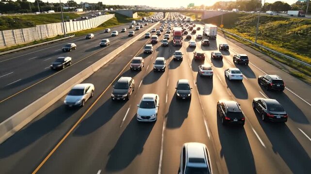 Aerial footage showcasing heavy traffic congestion on a bustling highway at sunset, vehicles
